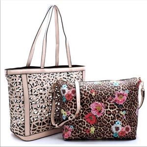Laser Cutout Tote w/Floral Leopard Crossbody Bag